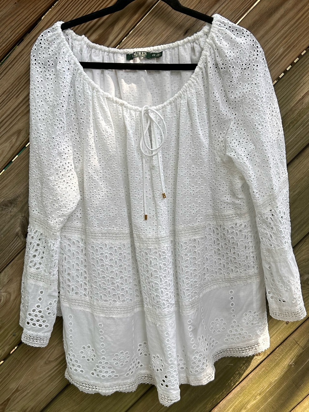 Lauren Ralph Lauren 100% Cotton White Eyelet Lace Peasant Blouse bell sleeve 2X